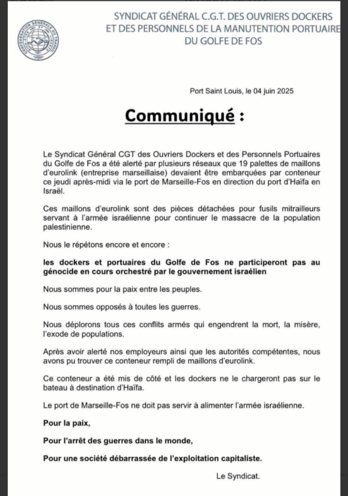 Sophie Binet soutient la grève des dockers de Fos et appelle à bloquer toutes les livraisons d’armes à Israël