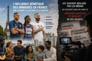 Poster promoting the positive influence of immigrants in France, with diverse athletes on the left and a family scene, and a right-hand display of headlines about immigration prejudice; bullet list includes talents, diversity, cultural richness, and social cohesion.