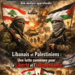 Poster showing masked soldiers with rifles, Lebanon and Palestinian flags, and a smoky battlefield backdrop; title mentions resistance and oppression.